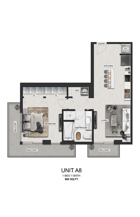 Floor plan for 1 bed, 1 bath, 900 sqft